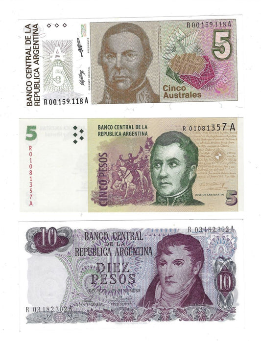 Argentina 5,10 Pesos All Replacement Notes prefix R UNC. RA5