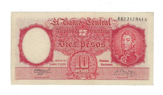 Argentina Nota 10 Peso 1961 Replacement Note prefix R XF+.RA2