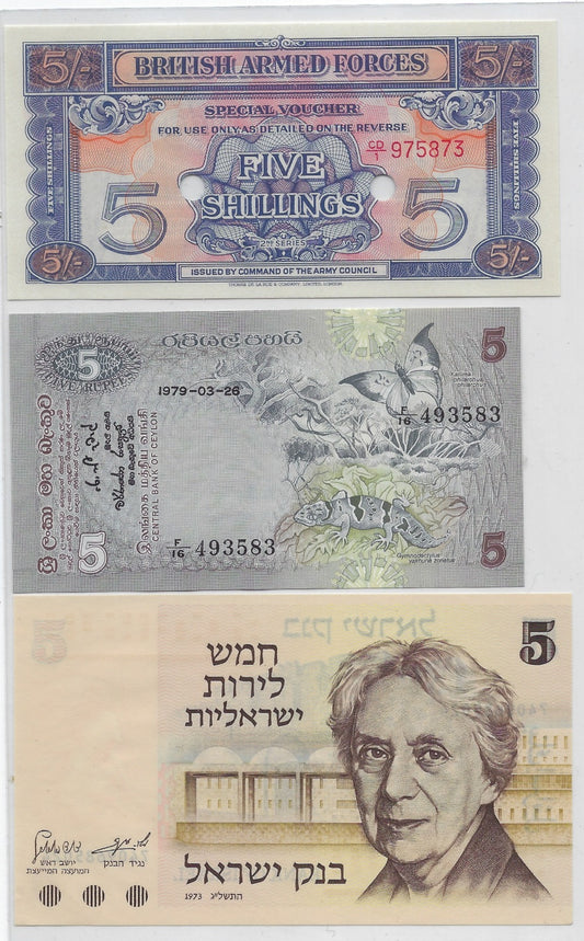 Collection of 3 Notes of Britain WWII , Cylon & Israel all UNC .MG3