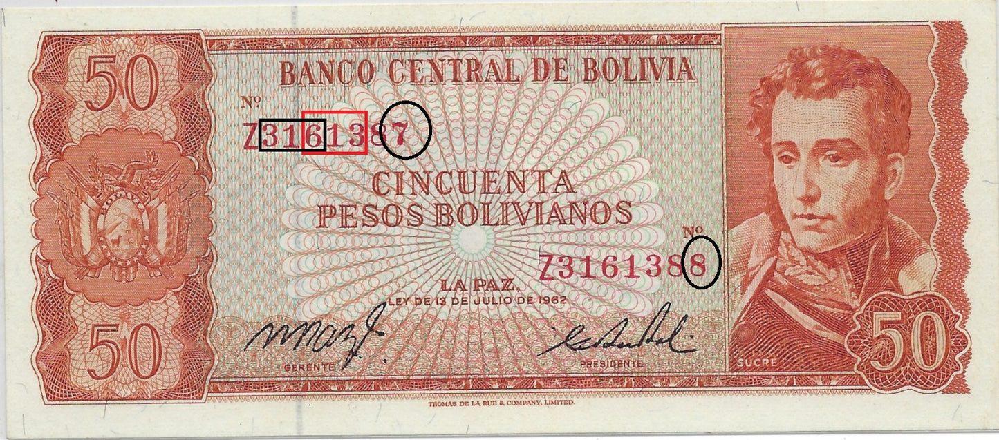 1962 Bolivia 50 Pesos REPLACEMENT Note Identifier Z Mehilba MWR RF2 , Fancy Number Error Mismatched SN,Single Radar On Left Z 31613 88 & Z Z 31613 87 High Grade .FN22