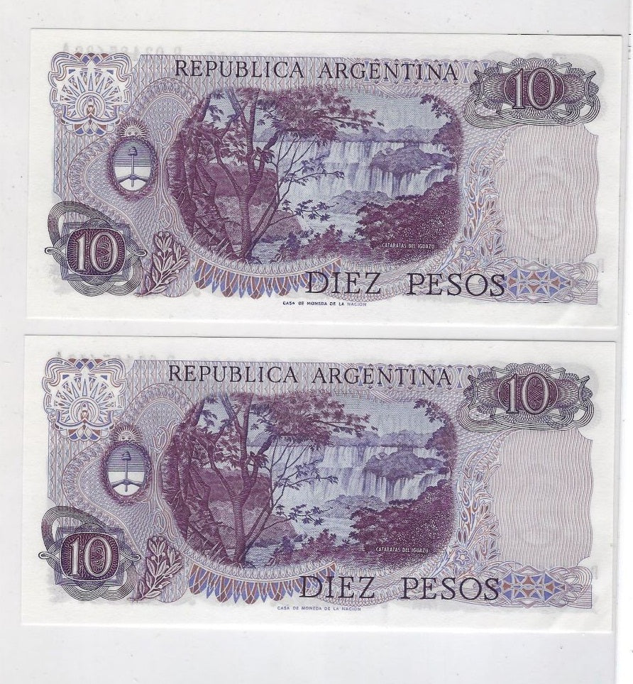 ARGENTINA 10 PESOS ND (1974-75) P-295 REPLACEMENT Prefix R Mehilba RD19 aUNC x 2 consecutive.RA1