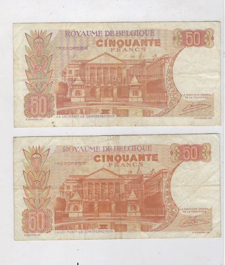 Belgium 50 Francs 1966 REPLACEMENT Prefix I Mehilba RB2,3 F-VF x 2 Different Signature .RB2