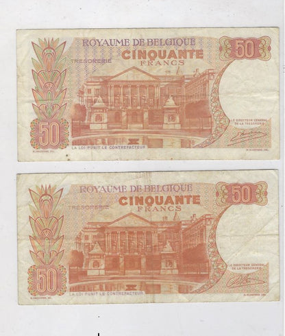 Belgium 50 Francs 1966 REPLACEMENT Prefix I Mehilba RB2,3 F-VF x 2 Different Signature .RB2