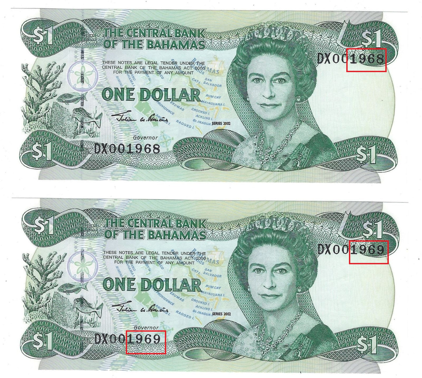 Bahamas, 1 dollar, 2002, P-70, QEII, UNC X 2 Consecutive Fancy SN DATES 1968 , 69 Worth $90.FNB2