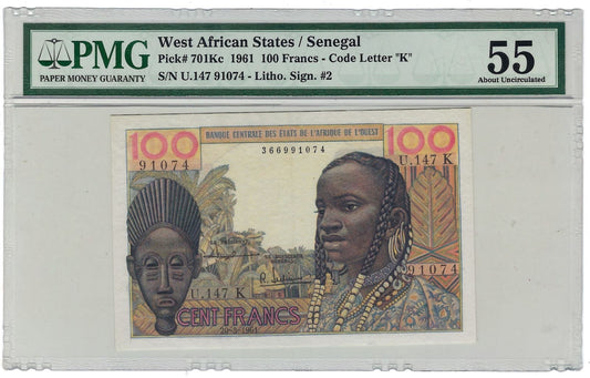 West African States-Senegal P.701Kc-100 Francs 20.3.1961 Sign. #2 LITHO PMG55 .S1A