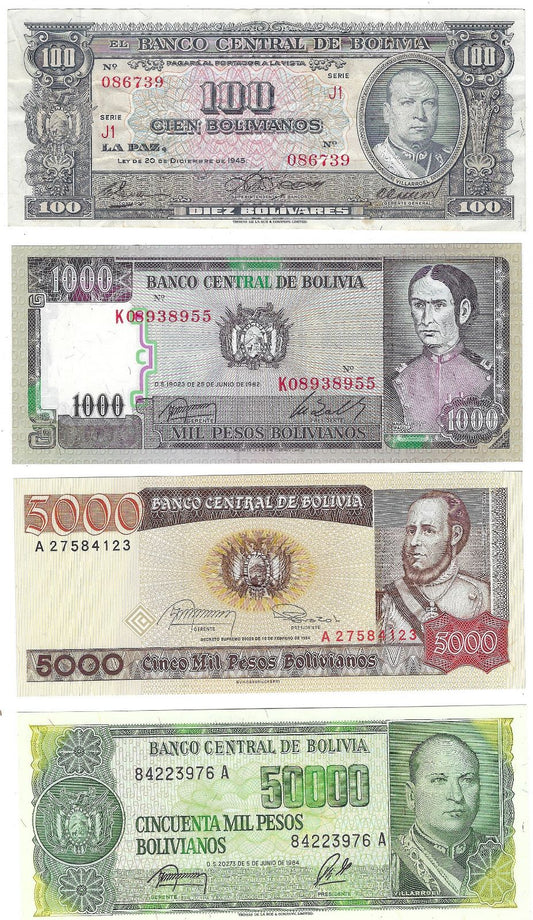 Clearance Bolivia 4 different Notes XF-UNC .B2A