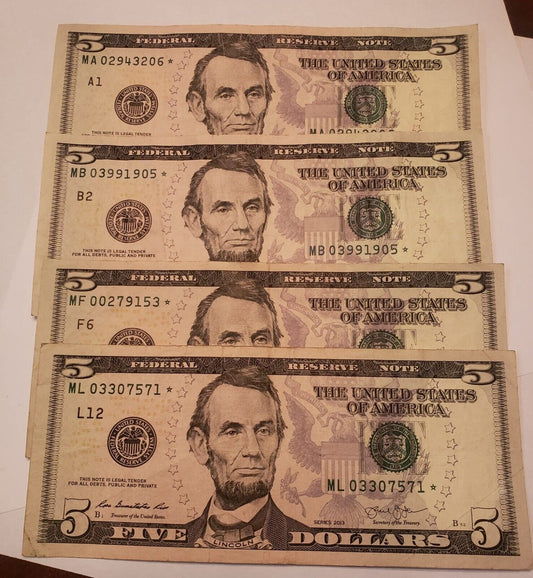USA $5 Star Notes Lincoln x 4 Different Districts A1,B2,F6,L12 ,VF .RB7