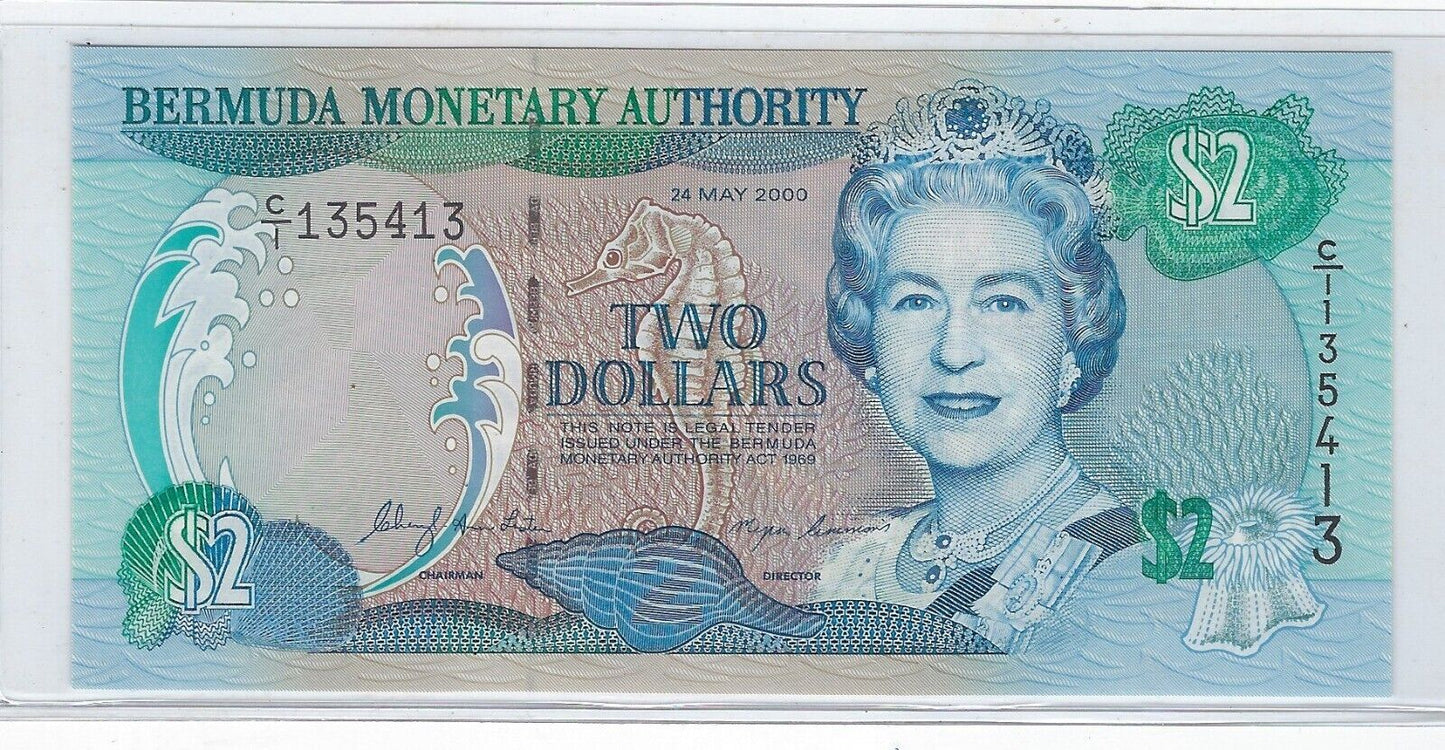 Bermuda $2 (24.5.2000 ) Queen Elizabeth P50 Fancy SN 135413 UNC. est $60.Br2N