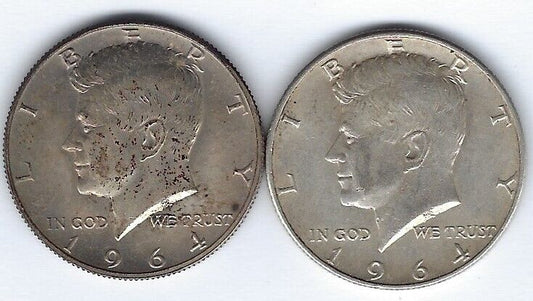 USA $1/2 SILVER 90% J.Kennedy 1964 D x2 high grade coins.est $35+.CB9E12
