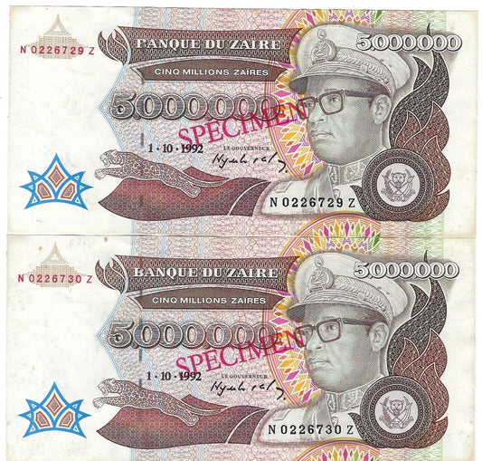 Zaire, 5 Million Zaïres,1.10.1992, P46s, Replacement, ZA1b