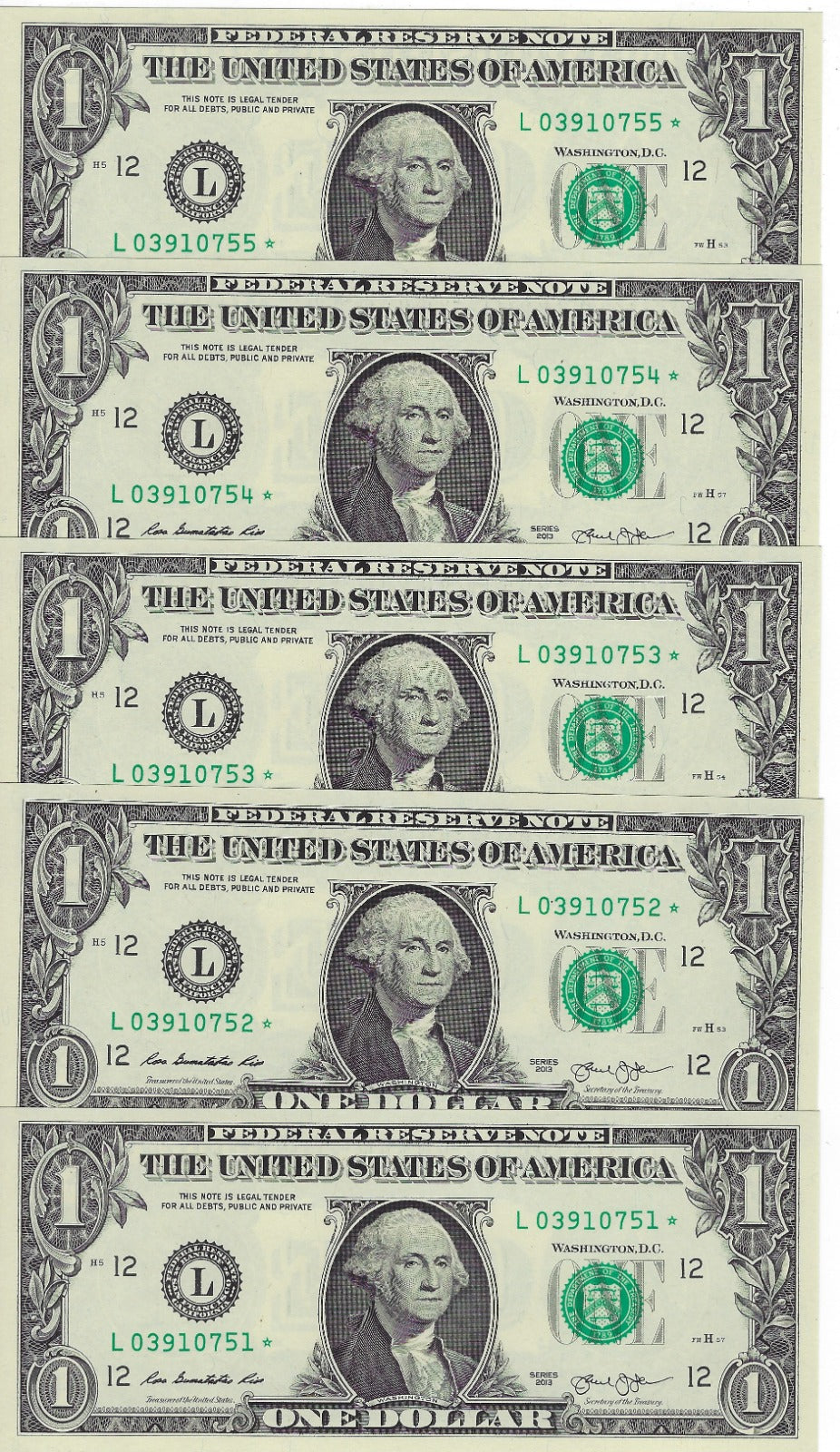 Set of US$1 Star Notes x 5 consecutive-12L San Francisco- Series 2013- UNC