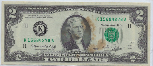 US$2 Dollars Bill RARE Series 1976 Dallas 11 K Good Grade SN 15684278.(V11)