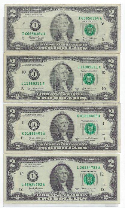 US$2 dollars bill x12 Different Districts in a good Grade.V22