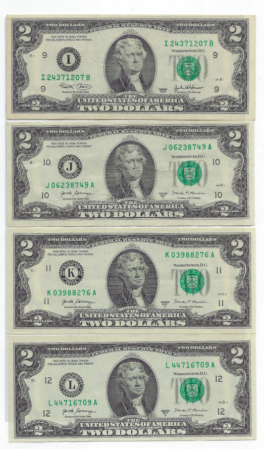 US$2 dollars bill x12 Different Districts a Very High Grade XF-UNC.V23