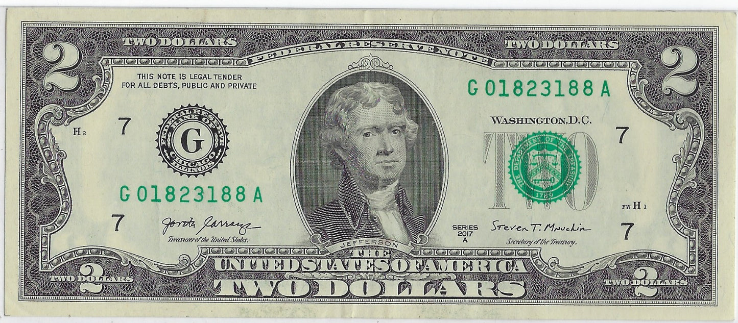 US$2 dollars bill Lucky SN 018231 88 XF Chicago 7 G.V24