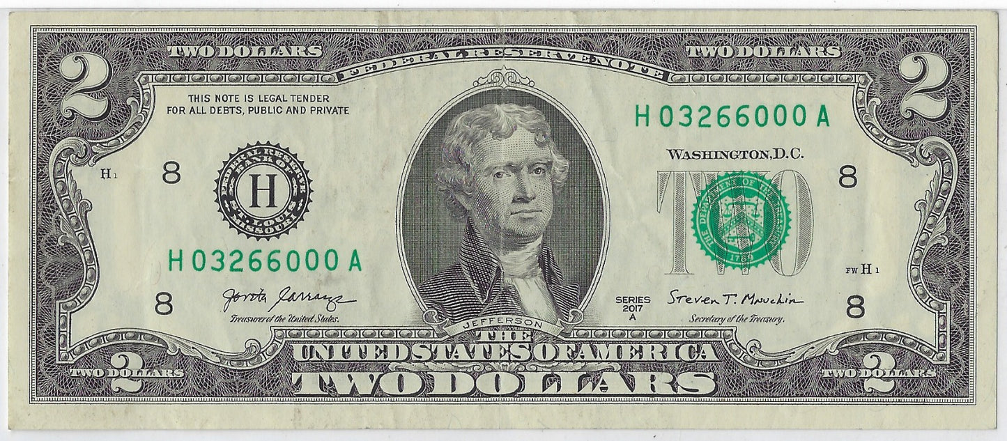 US$2 dollars bill Fancy SN 03266000 St.Louis 8H.V25