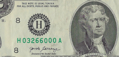 US$2 dollars bill Fancy SN 03266000 St.Louis 8H.V25