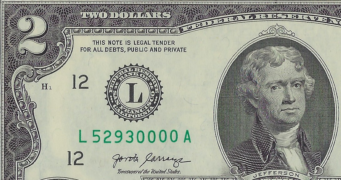 US$2 dollars bill Fancy SN 52930000 San Francisco L12.V26