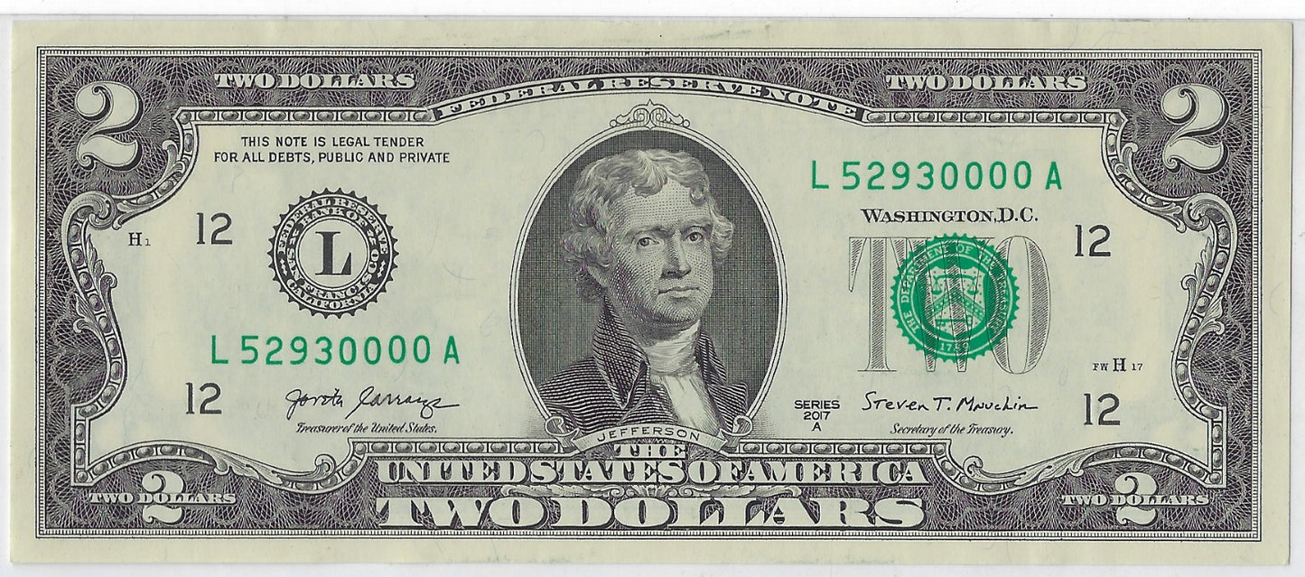 US$2 dollars bill Fancy SN 52930000 San Francisco L12.V26