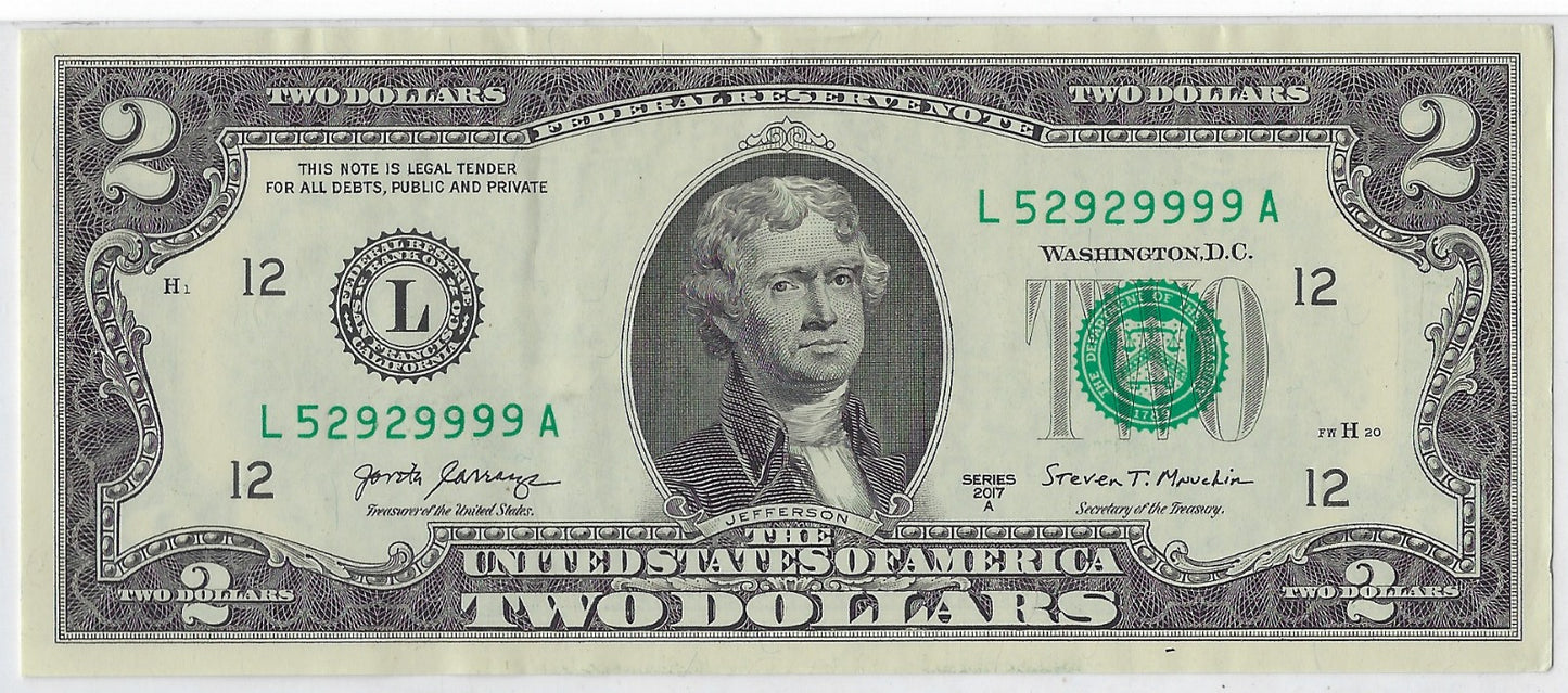 US$2 dollars bill Fancy SN 5292 9999 San Francisco L12.V27