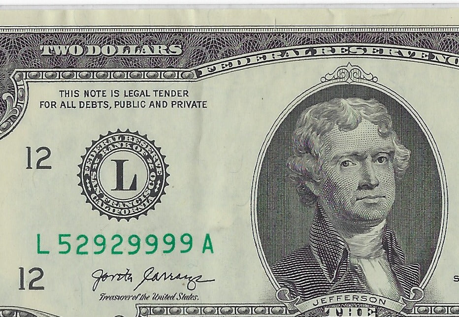 US$2 dollars bill Fancy SN 5292 9999 San Francisco L12.V27