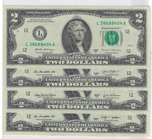 US$2 dollars bill x 4 different signatures San Francisco L12.V28