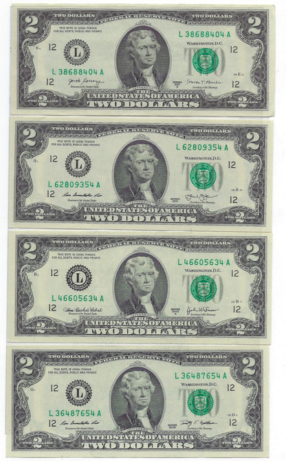 US$2 dollars bill x 4 different signatures San Francisco L12.V28