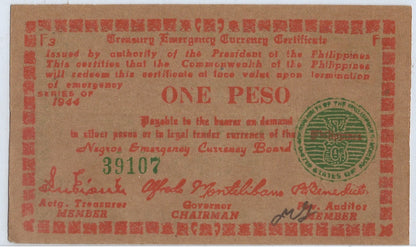 WWII PHILIPPINES (GUERRILLA) 1 PESO 1943 NEGROS PROVINCE EMERGENCY CURRENCY.
(MP1/452)