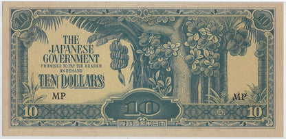 WWII JAPANESE GOVERNMENT 10 Dollar Occupied Malaysian Bank Note - 1945 WW2.AU/UNC.(MJ1/452)