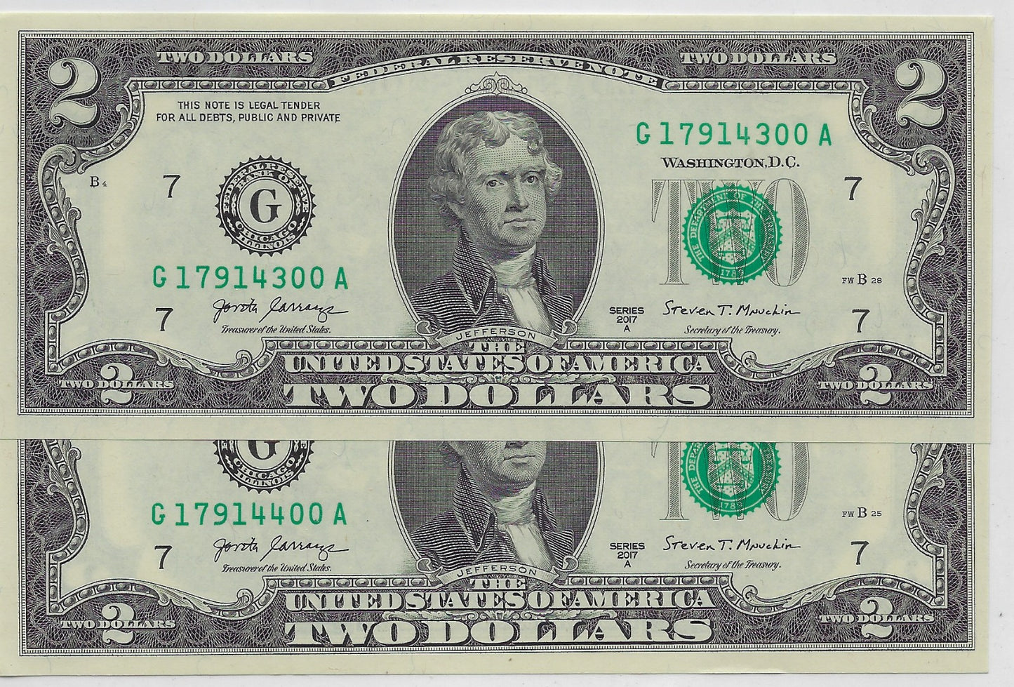 US$2 dollars bill 2 Round Consecutive SN ending 00 UNC Chicago 7 G.V33