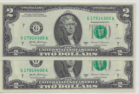 US$2 dollars bill 2 Round Consecutive SN ending 00 UNC Chicago 7 G.V33