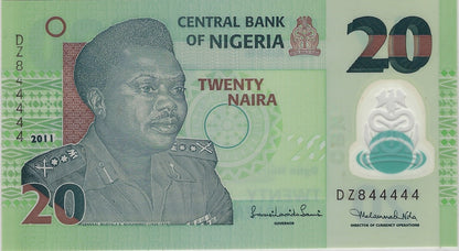 Nigeria 20 Naira 2011 REPLACEMENT prefix DZ identifier,Polymer,Fancy Number"Quintuplet" or "Quintet." Or Semi SOLID 844444,High Grade.FN19    