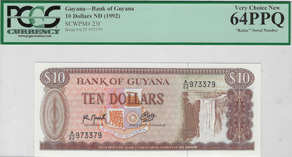 Guyana 1992 10 Dollars UNC 64 PQ ,P.23f,Fancy Number Radar,Bookend &Trinary 973379.FN20           