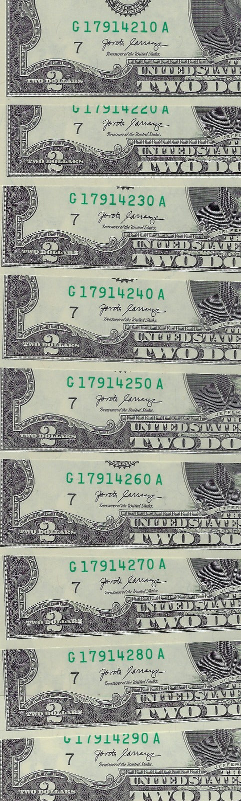 US$2 FRN Chicago 7G Fancy SN x 9 Round 10,20,30,40,50,60,70,80,90 UNC.FN31      