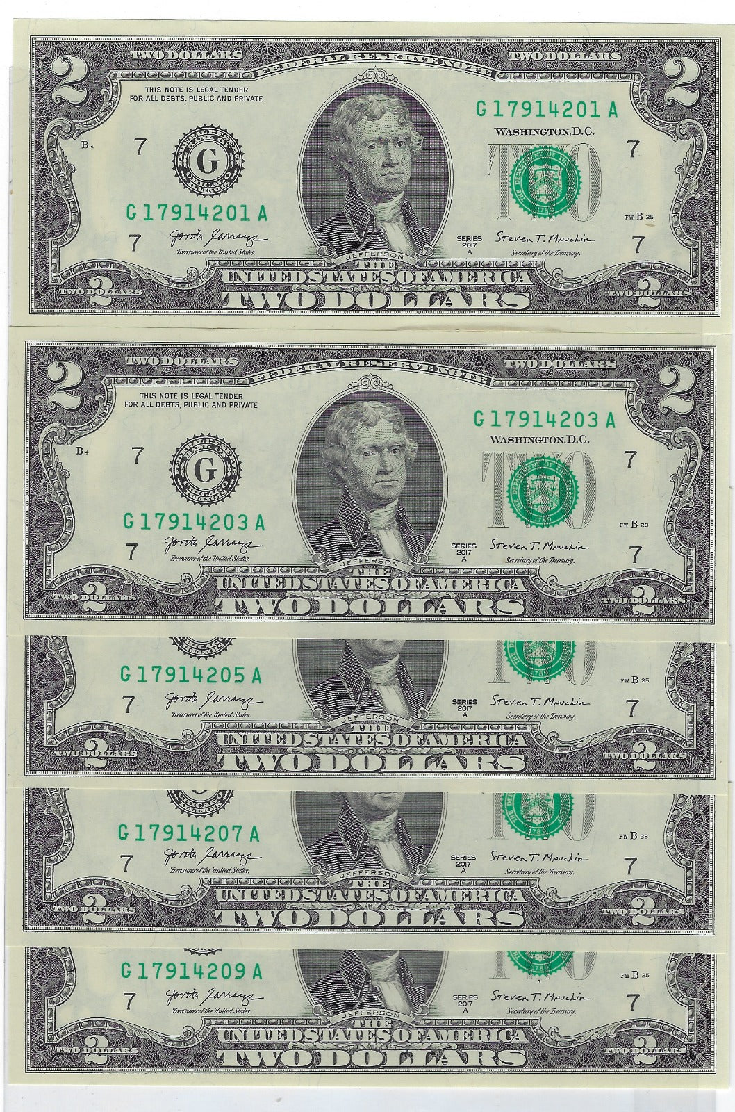 US$2 FRN Chicago 7G Fancy SN x 5 Odd SN 1,3,5,7,9 including 1 Bookends 1------1 UNC.FN32                