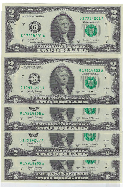 US$2 FRN Chicago 7G Fancy SN x 5 Odd SN 1,3,5,7,9 including 1 Bookends 1------1 UNC.FN32                