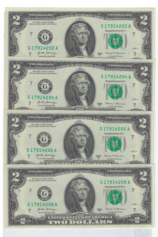 US $2 FRN Chicago 7G Fancy SN x4 EVEN 2,4,6,8.UNC.FN33        