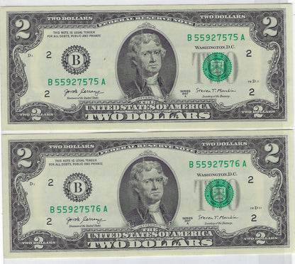 US$2 FRN New York 2B Fancy SN x2 Consecutive,including Single Bookends 5------5 UNC.FN36    