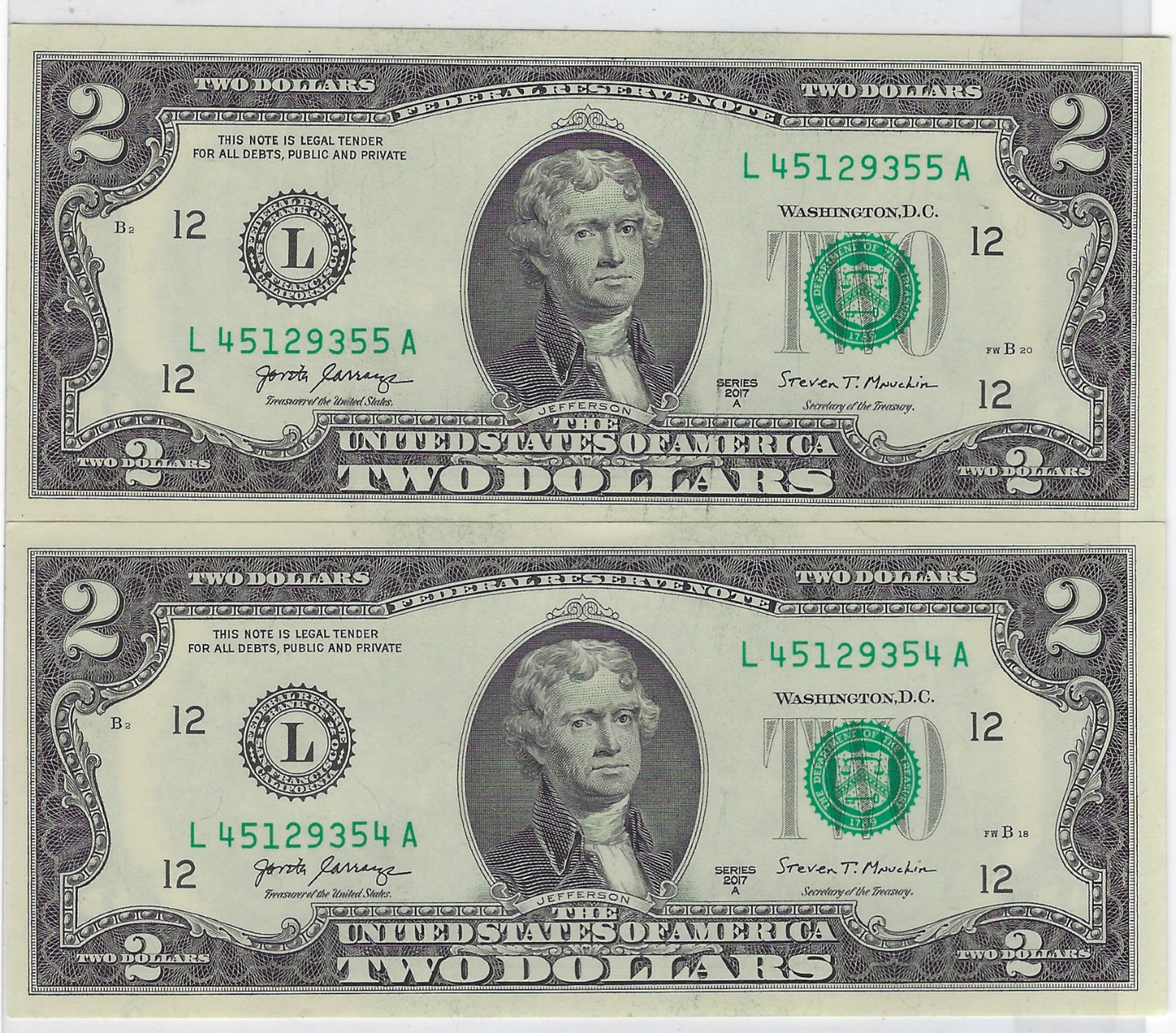 US $2 FRN  San Francisco 12L Fancy SN  x2 Consecutive,including Single Bookends  4------4  UNC.FN37                             