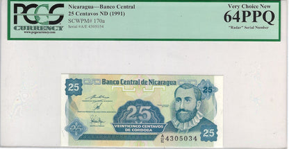 Nicaragua 25 Centavos ND 1991 PCGS64,Fancy SN 4305034 Book ends Single&Radar,worth $60.FNN1