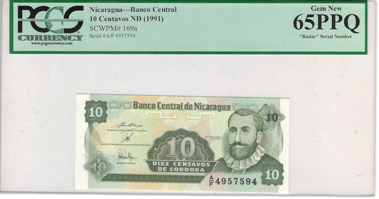 Nicaragua 10 Centavos ND 1991, PCGS65,Fancy SN 4957594 Book ends Single&Radar.worth $ 60.FNN2