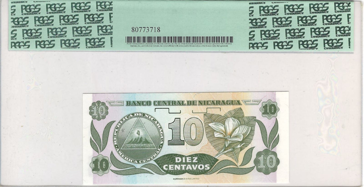 Nicaragua 10 Centavos ND 1991, PCGS65,Fancy SN 4957594 Book ends Single&Radar.worth $ 60.FNN2