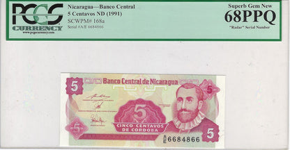 Nicaragua 5 Centavos ND 1991, PCGS68,Fancy SN 6684866 Book ends Double &Radar PCGS68,worth $160.FNN3
