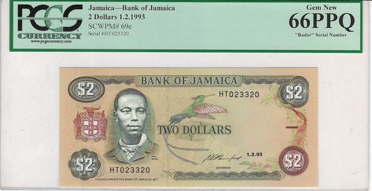 Jamaica $2.1.2.93,PCGS66,Fancy SN 023320 Book ends Single+Radar& Trinaey.worth $80.FNJ1