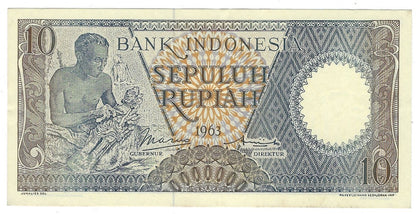 Indonesia 10 Rupiah 1963,Mehilba R7 ,P89,REPLACEMENT Prefix X--,XF.RI12