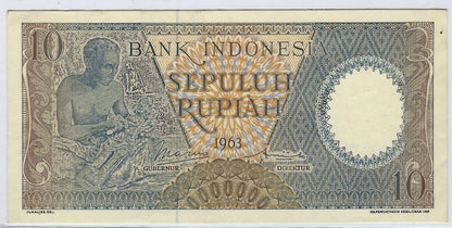 Indonesia 10 Rupiah 1963,Mehilba R7 ,P89,REPLACEMENT Fancy SN bookend 0----0 and almost Radar Prefix X--, XF.RI13