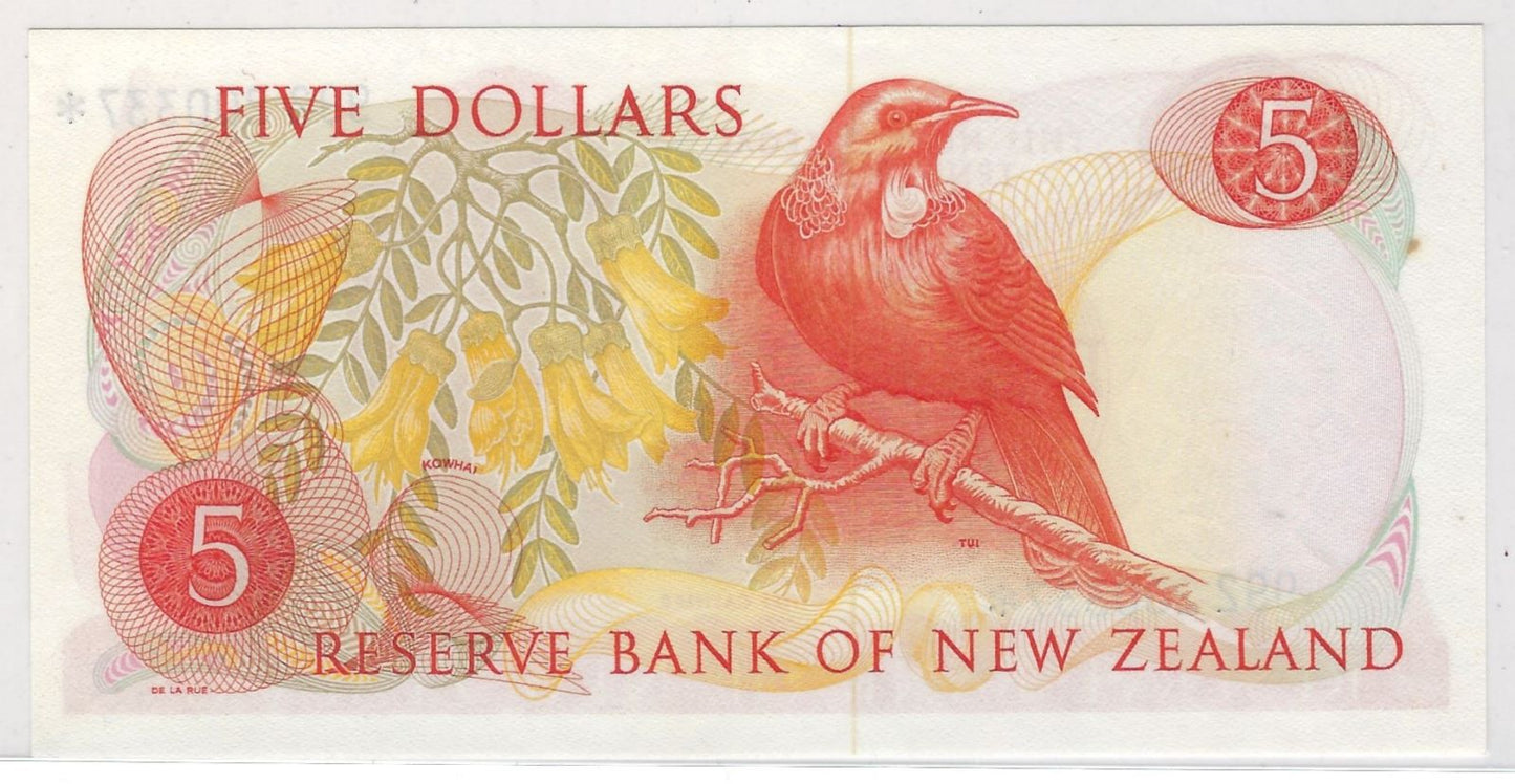 New Zealand,AUNC,5 Dollars,1977-1981,REPLACEMENT STAR Note, Mehilba RC7,P165d.Prefix 992 *UNCF.RN1