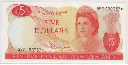 New Zealand,AUNC,5 Dollars,1977-1981,REPLACEMENT STAR Note, Mehilba RC7,P165d.Prefix 992 *UNCF.RN1