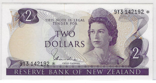 New Zealand,2 Dollars,1977-1981, REPLACEMENT STAR Note.Mehilba RB9,P164a,Prefix 9Y3 * UNC.RN2