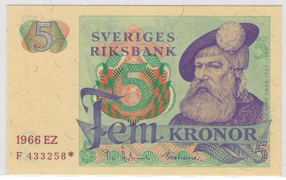 Sweden 5 Kronor 1966 REPLACEMENT STAR Note,Mehilba RA8,51a*.aUNC.RS2A